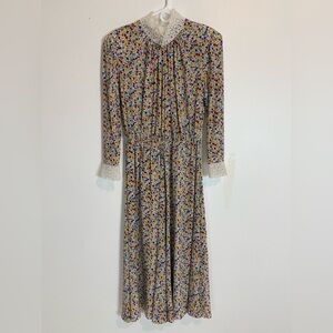 Vintage Miss O by Oscar de la renta ditsy print midi silk dress mock neck pearl